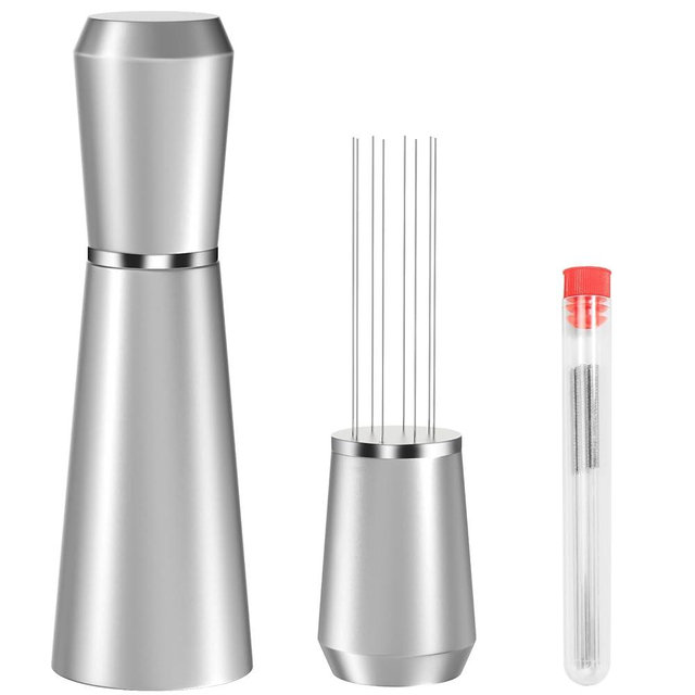 Jeymei WDT Espresso Distribution Tool, 0.35mm 8 Needle Coffee Stirrer with 8 Extra Needles, 304 Stainless Steel, Aluminum Alloy Handle with Stand, Barista Espresso Whisk Tool (Metal Silver)