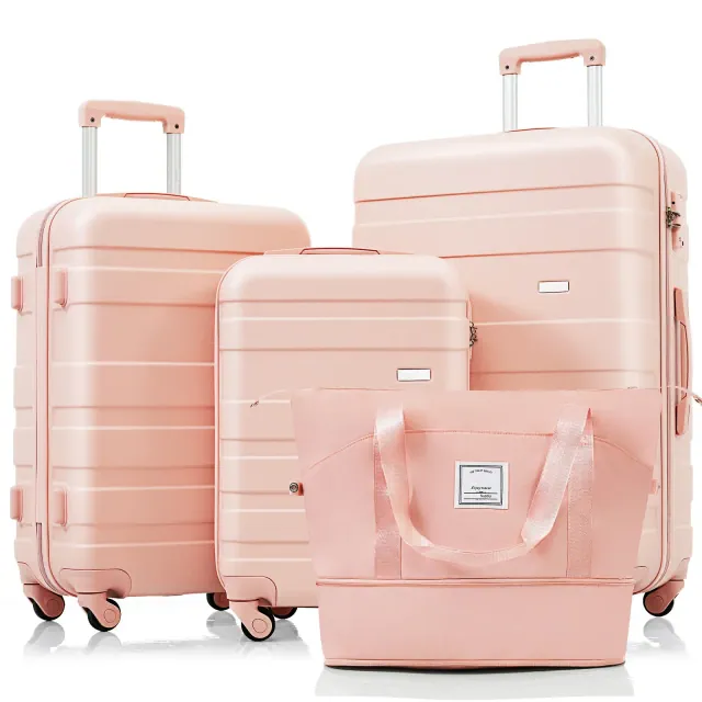 4-Piece Luggage Set with Travel Bag, ABS Durable Suitcases, 360° Spinner Wheels & TSA Lock, Carry-On & Checked Luggage, Pink - ModernLuxe