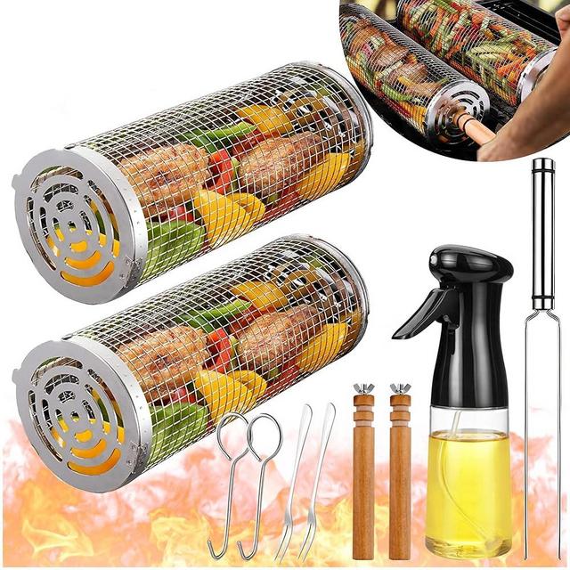 Rolling Grilling Baskets for Outdoor Grill Bbq Net Tube Stainless Steel Large Round Mesh Barbecue Accessories Must Have Cylinder Cage Picnic Gear Cooking Camping Basket for Veggies Vegetable Fish