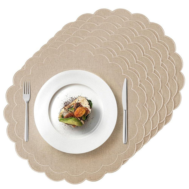 Set of 6 Cotton Linen Placemats, 15 Inch Linen Color Scalloped Flower Embroidery Cloth Table Mats Double Layered Fabric Machine Washable Wrinkle Free Dining Placemat for Hotel Restaurant Kitchen