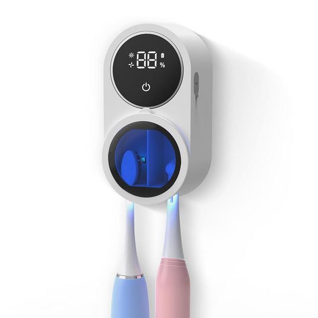 Wall Mounted Toothbrush Holder and Cleaner Smart Light Cleaning and Fan Drying Automatic Rotating Cover Toothbrush Case with Digtal Screen Display Portable Toothbrush Device for Trips (01 White)