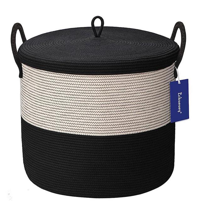 XXXXL Extra Large Blanket Basket with Lid 115L Thickening Stiff woven storage basket for Blanket and Toy,Large Laundry basket with Handle 21"x21"x18" Black