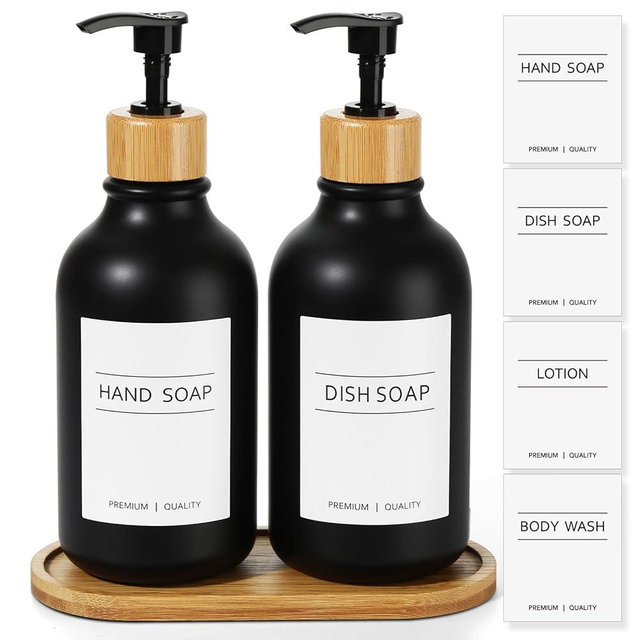 KASUNTING Hand and Dish Soap Dispenser Set, Plastic Kitchen Soap Dispenser Set with Bamboo Tray, 16 Oz Black Soap and Lotion Dispensers Sets with 4 Pack Labels for Kitchen & Bathroom Countertop