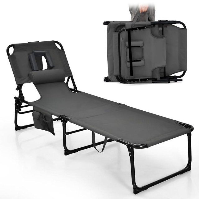 Goplus Tanning Chair, Folding Adjustable Patio Lounge Chair with Face Hole, Removable Pillow, 330LBS, Carry Strap, Outdoor Sunbathing Chair, Lightweight Portable Beach Lounge Chair (1, Grey)