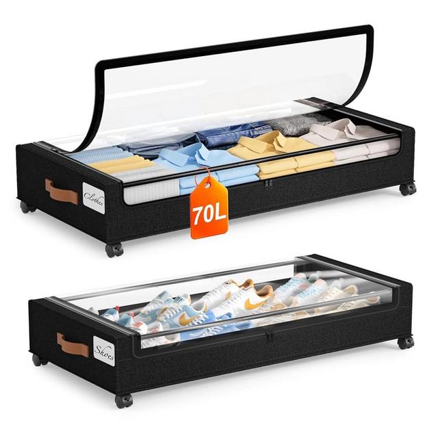 Yecaye Under Bed Storage with Wheels 2Pack, 70L Larger Capacity Under Bed Storage Containers, Underbed Shoe Storage Organizer, Rolling Under Bed Metal Drawers for Clothes, Blankets(35.5 x 17 x 6.7in)