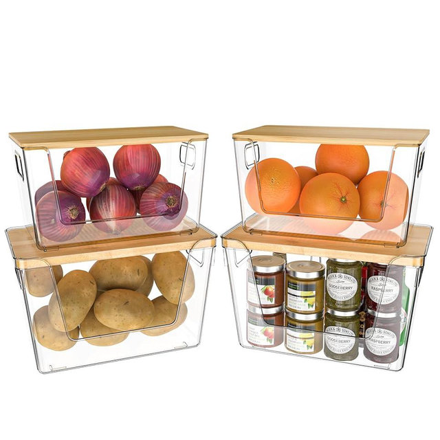 4 Pack Potato Storage with Lids – Front Open Kitchen Pantry Organizer and Storage, Stackable Storage Bins for Onion, Garlic, Fruit, Produce, Vegetable