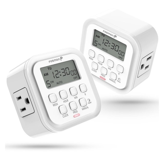 Fosmon 2x 7 Day Programmable Digital Timer For Outlet, [ETL Listed] Timer Outlet For Electrical Indoor, Plug-in Light Timer for Lamps, 15A/1875W