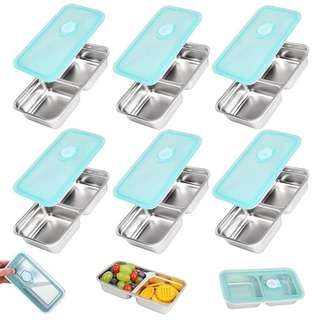 Thrseely 6PCS Grab and Go Snack Containers Reusable, Stainless Steel Double Compartment Snack Containers, Dishwasher- Reusable Condiment with Lids for Snacks Dips and Outdoor Camping