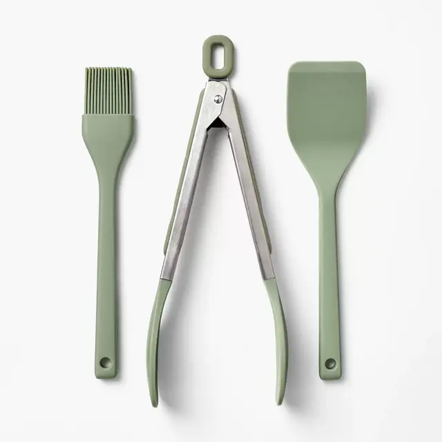 3pc Silicone Mini Turner Basting Brush and Tongs Set Sage Green - Figmint™