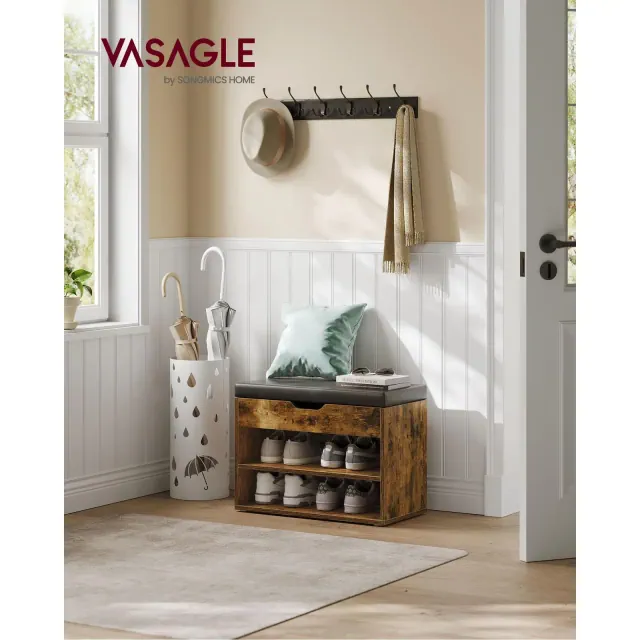 Shoe Bench with Cushioned Seat and 3 Storage Compartments, Sturdy Entryway Organizer, 11.8 x 23.6 x 17.3 Inches, Rustic Brown