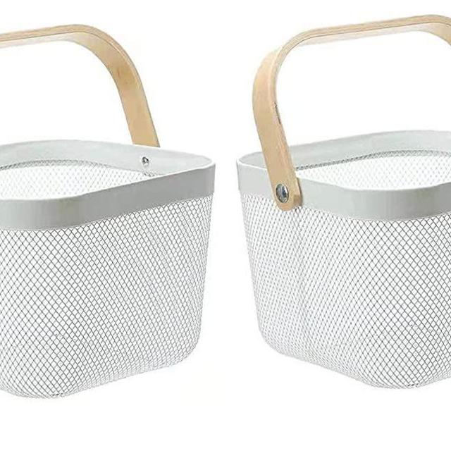 HOJKMA 2 Pack Mesh Steel Storage Organizer Basket, Multi-Functional Metal Wire Hanging Kitchen Baskets Fruit Basket with Wood Handle Ideal for Kitchen, Bathroom, Pantry, Cabinet Home, White