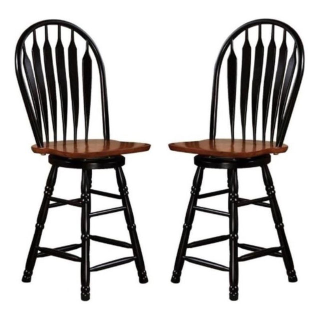 Home Square 24" Swivel Wood Counter Stool in Antique Black & Cherry - Set of 2