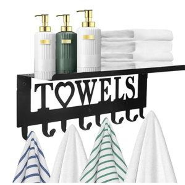 Towel Rack with Shelf 8 Hooks, Bathroom Towel Holder Metal Shelf Organizer, Wall Mounted Storage for Towels, Robes, Clothes in Bathroom, Hot Tub, Kitchen, Bedroom,Home