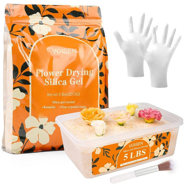 VOISEN Silica Gel Flower Drying,5LBS Flower Drying Silica Gel Crystals,Color Indicating Flower Preservation Kit Contains Flowers Desiccant, Brush, Gloves, 6.7 L Plastic Box