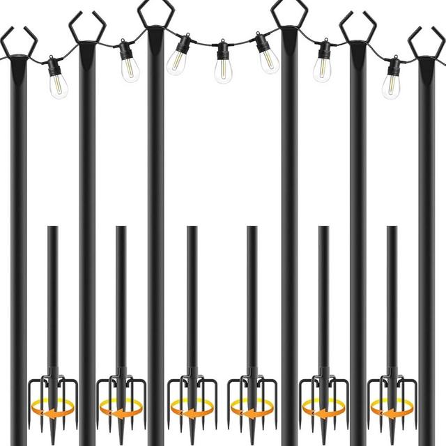 10Ft String Light Poles 6 Pack,Light Poles for Outside Lights,Outdoor with Fence Brackets Hanging Lights,Metal Stand Deck Patio Backyard