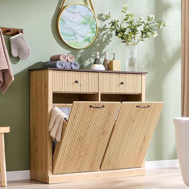 IFBUY Modern Double Tilt-Out Laundry Hamper Cabinet, 20 Gallon Fluted Trash Can Cabinet with 2 Drawers, Wooden Hidden Garbage Can Cabinet with Laundry Basket, for Bathroom and Kitchen, Natural Oak