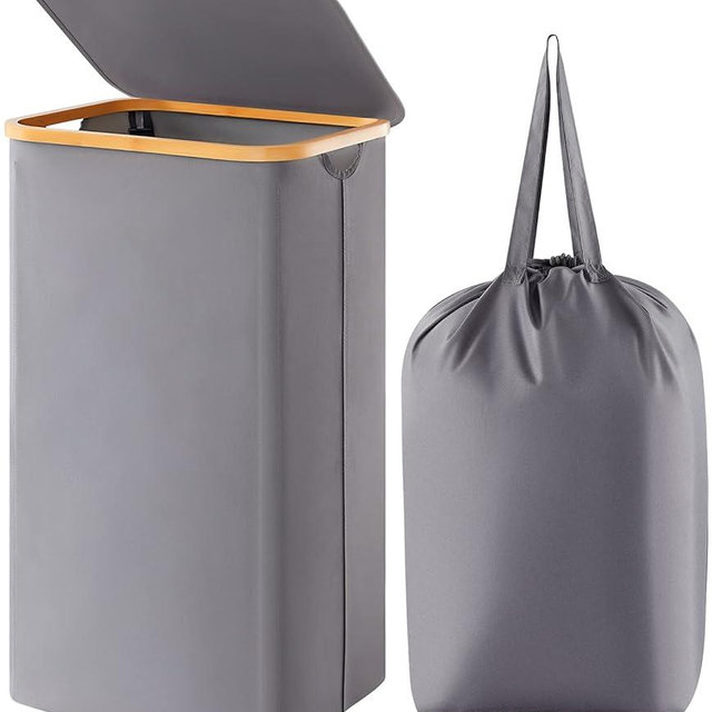 Lifewit 100L Basket with Lid, Clothes Hampers with Bamboo Handles and A Removable Bag, Large Foldable Hamper for Bedroom, Bathroom, Dorm, Laundry Room, Grey
