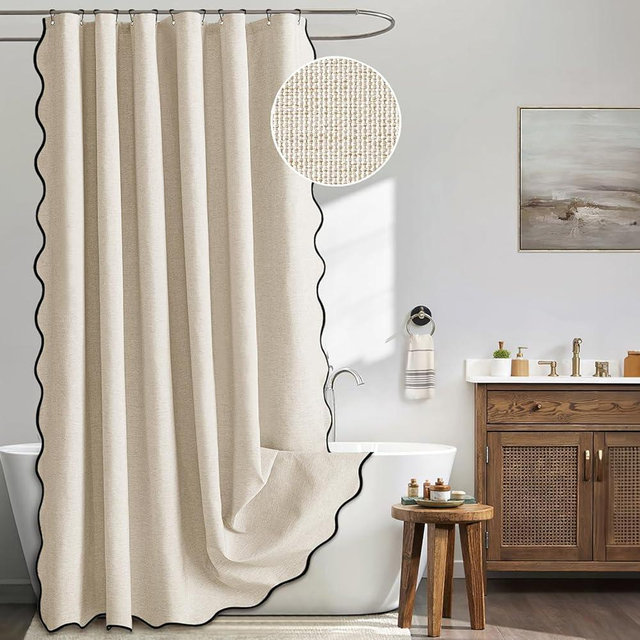 MIULEE 80" Long Scalloped Shower Curtain Linen Textured with 12 Metal Hooks Cute Extra Long Heavy Duty Washable Waterproof Cloth Shower Curtains with Black Border for Bathroom Hotel Bathtub,Beige