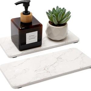 2 Pcs Water Absorbing Stone Drying Trays for Bathroom Sink Kitchen Counter Soap Dish Dispenser Sponge Holder White Ceramic Bathroom Vanity Quick Dry Stone Mat for Kitchen Sink Marble Diatomite Tray