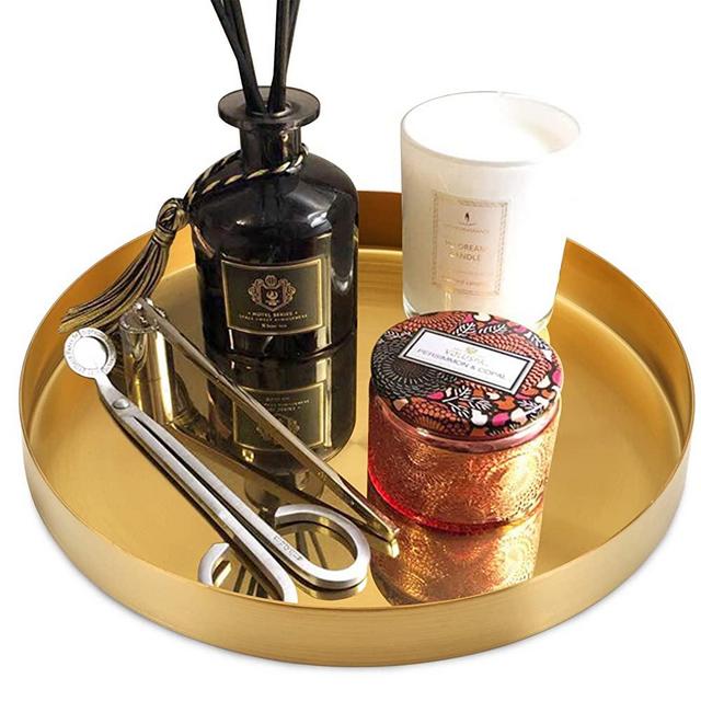 Jucoan 8 Inch Round Gold Serving Tray, Metal Decorative Vanity Tray, Bathroom Storage Organizer Tray for Perfume Jewelry Food Coffee Tea Candle