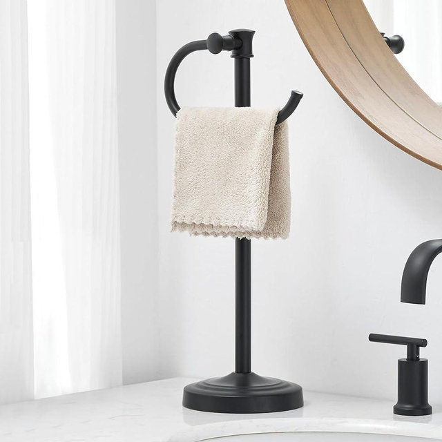 BESy 14 Inch Matte Black Stand Towel Bar Hanger Hand Towel Bar Bathroom Vanity Countertop Towel Holder Free Standing Stainless Steel Towel Ring Hardware Accessories Towel Rack