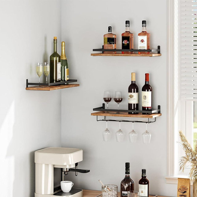 HOOBRO Wall Mounted Wine Rack 3 Pack, Wine Holder Hanging Floating Wall Shelves, Wine Glass Bottle Rack Stemware Holder, for Living Room, Dining Room, Kitchen, Rustic Brown and Black BF34BJ01