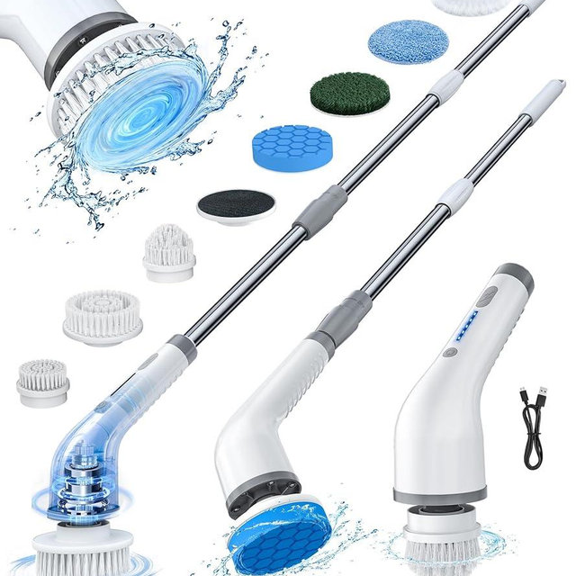 Andygo Electric Spin Scrubber Shower Scrubber Power Cleaning Brush, 7 Brush Heads 2 Powerful Speeds 90 Min Runtime Waterproof Scrubber Brush for Bathroom Bathtub Floor Tile Sink