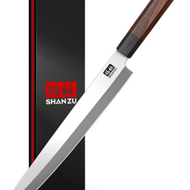 SHAN ZU 10 Inch Sushi Knife, High Carbon Japanese Steel Sashimi Knife, Japanese Knives for Fish Filleting & Slicing, Sushi Making Knives with Red Sandalwood Handle