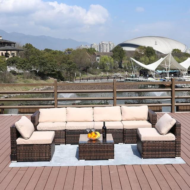 Patio Furniture Set of 7, Tempered Glass Coffee Table Rattan Weaving Wicker Chair Sectional Sofa with Cushion Outdoor Conversation Sets, for Lawn, Garden, Beach, Poolside & Balcony (Brown)