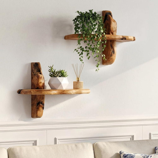 16" Live Edge Wall Mounted Beside Shelf Set of 2, Wood Floating Shelf, Floating Nightstand Handcrafted Root Cedar Bedside Floating Shelf, Unique Natural Wood Wall Decor for Bedroom, Living Room