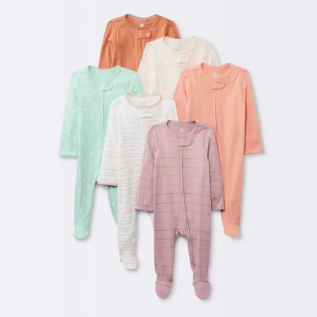 Baby Girls' 6pk Cotton Sleep N' Play - Cloud Island™ Pink Newborn: Footed Pajamas, Inverted Zipper