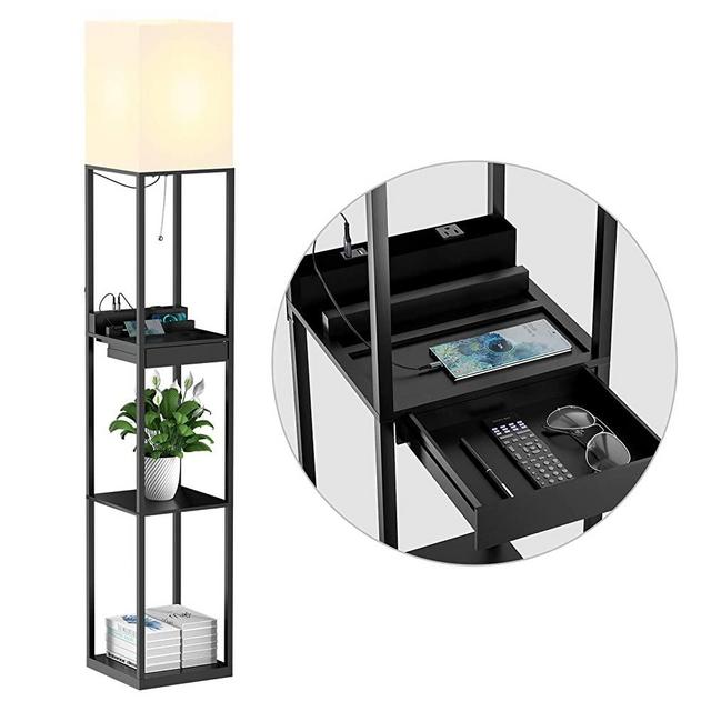 SUNMORY Shelf Floor Lamp with 3 Color Temperature LED Bulb,Standing Lamp by Solid Wood with 2 USB Ports & 1 Power Outlet & 1 Drawer，Corner Storage Standing Bookshelf Lamp for Bedroom and Living Room