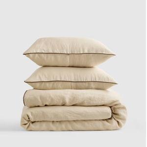 European Linen Piped Duvet Cover Set in Oat/Espresso