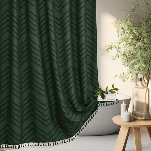 Siiluminisoy Extra Long Dark Green Boho Shower Curtain with Tassel, Woven Fabric 90 in, Tufted Chevron Striped, 72 x 90, Modern Chic Textured Minimalist Bathroom