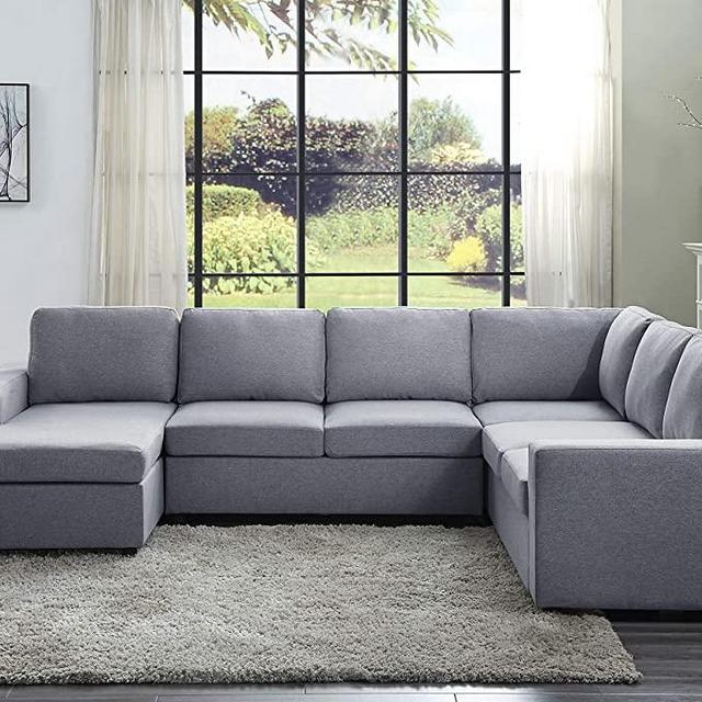 Lilola Home Warren Light Gray Linen 6 Seat Reversible Modular Sectional Sofa Chaise