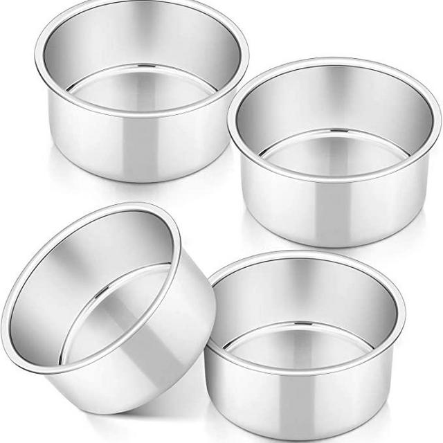4 Inch Small Cake Pan Set of 4, P&P CHEF Stainless Steel Baking Round Cake Pans Tins Bakeware for Mini Cake Pizza, Quiche, Non Toxic & Healthy, Leakproof & Easy Clean, Mirror Finish & Easy Releasing