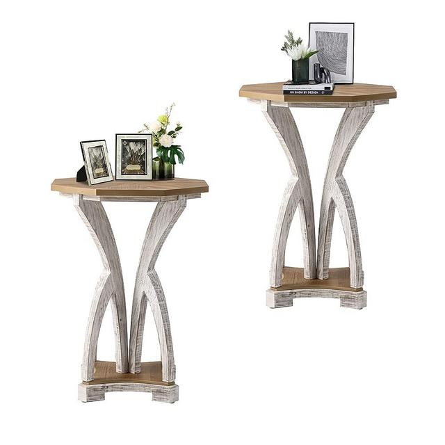 HOMPUS Octagonal Wood End Table Set of 2, 2 Pieces Unique Nightstand Set w Wood Grain Finish, Designed Side Table Small Accent Table for Living Room, Bedroom, Oak & White