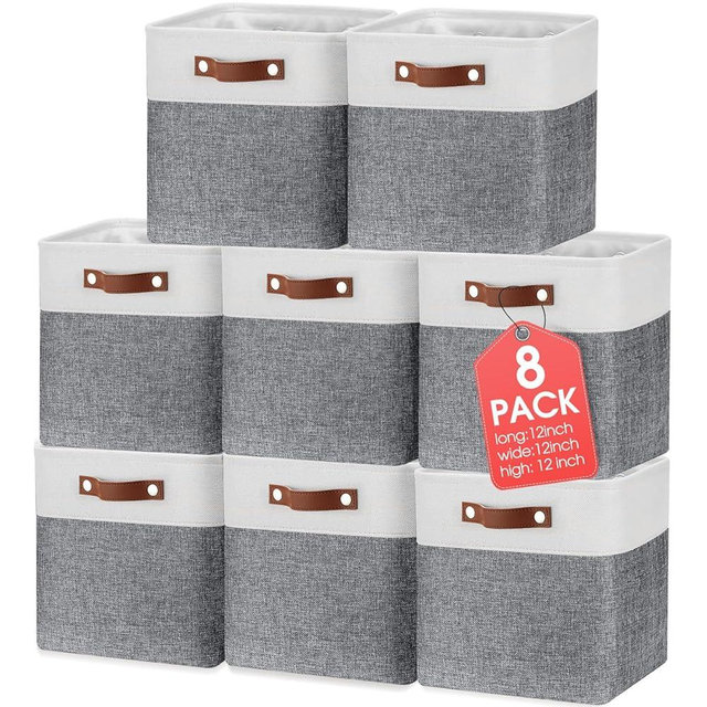 Uiifan 8 Pack 12 x 12 x 12 Inch Large Storage Baskets Collapsible Fabric Storage Cubes Bins with Handles for Shelves Closets Nursery Home Clothes Toys Organizers, Gray