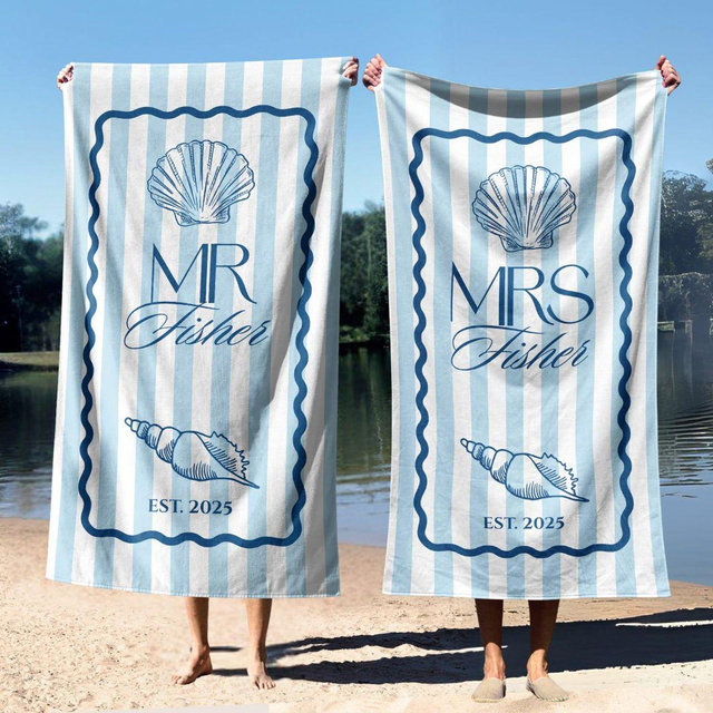 Mr and Mrs Beach Towel Premium Custom Couple Honeymoon Beach Towel Preppy Seashell Last Name Wedding Gift Groom & Bride Towel