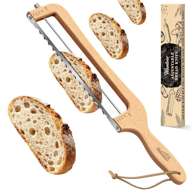 Adjustable Bread Knife for Home Use, Wooden Sourdough Bread Slicer for Homemade Bread with Bow Design, Premium Stainless Serrated Bread Cutter for Bagels and Baguettes, Gift for People who Love Baking