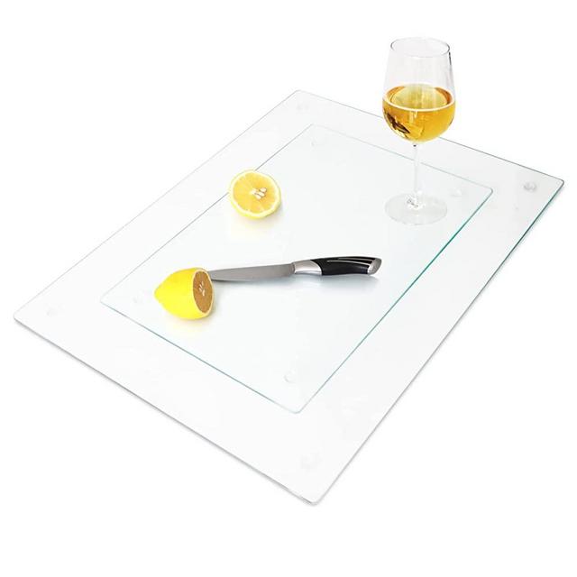 VASUHOME Clear Glass Cutting Board, 16*12 8*12 inch Set of 2 Tempered Glass Cutting Board, Decorative Square Place Mat for Kitchen, Scratch, Heat, Shatter Resistant Cutting Mat