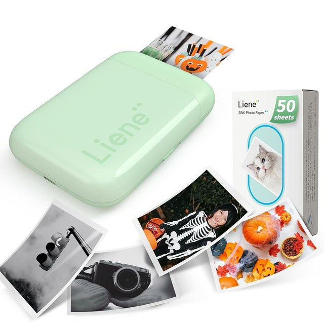Liene Photo Printer, 2x3” Mini Portable Instant Photo Printer Bundle w/ 50 Zink Adhesive Paper, Bluetooth 5.0, Compatible w/iOS & Android, Small Color Mono Picture Printer for iPhone, Smartphone Green