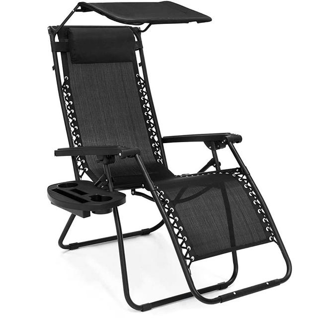 Best Choice Products Folding Steel Mesh Zero Gravity Recliner Lounge Chair w/Adjustable Canopy Shade and Cup Holder Accessory Tray, Black
