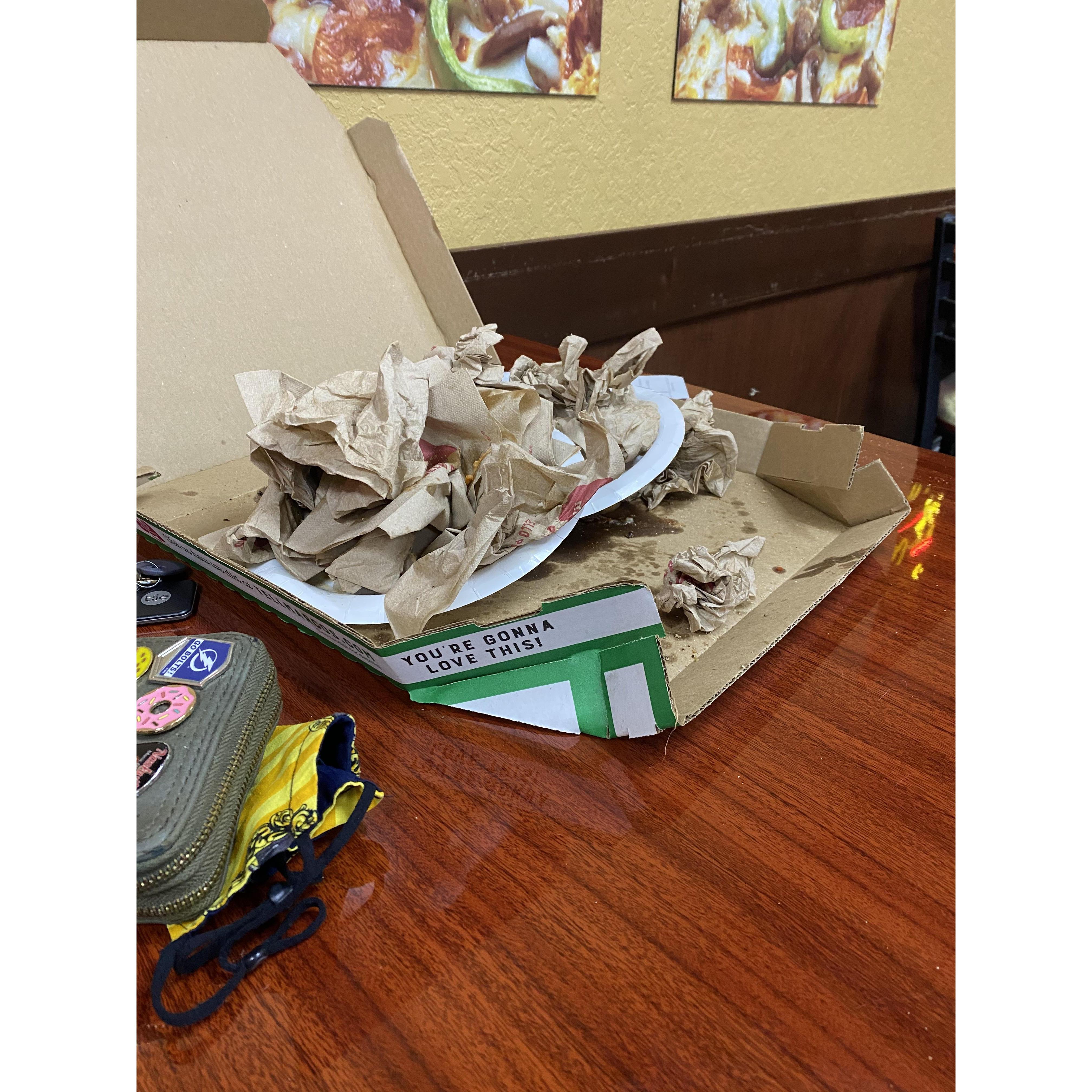The only picture we got on their first date was our empty box of pizza.