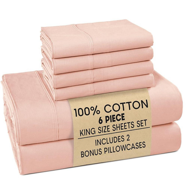 Casa Platino 100% Cotton King Size Sheets Set – 6 Piece Crisp Percale King Size Cooling Sheets, Lightweight for Summer, with 15" Deep Pocket Fitted Sheet Nightly Comfort & Airy Sleep – Veiled Rose