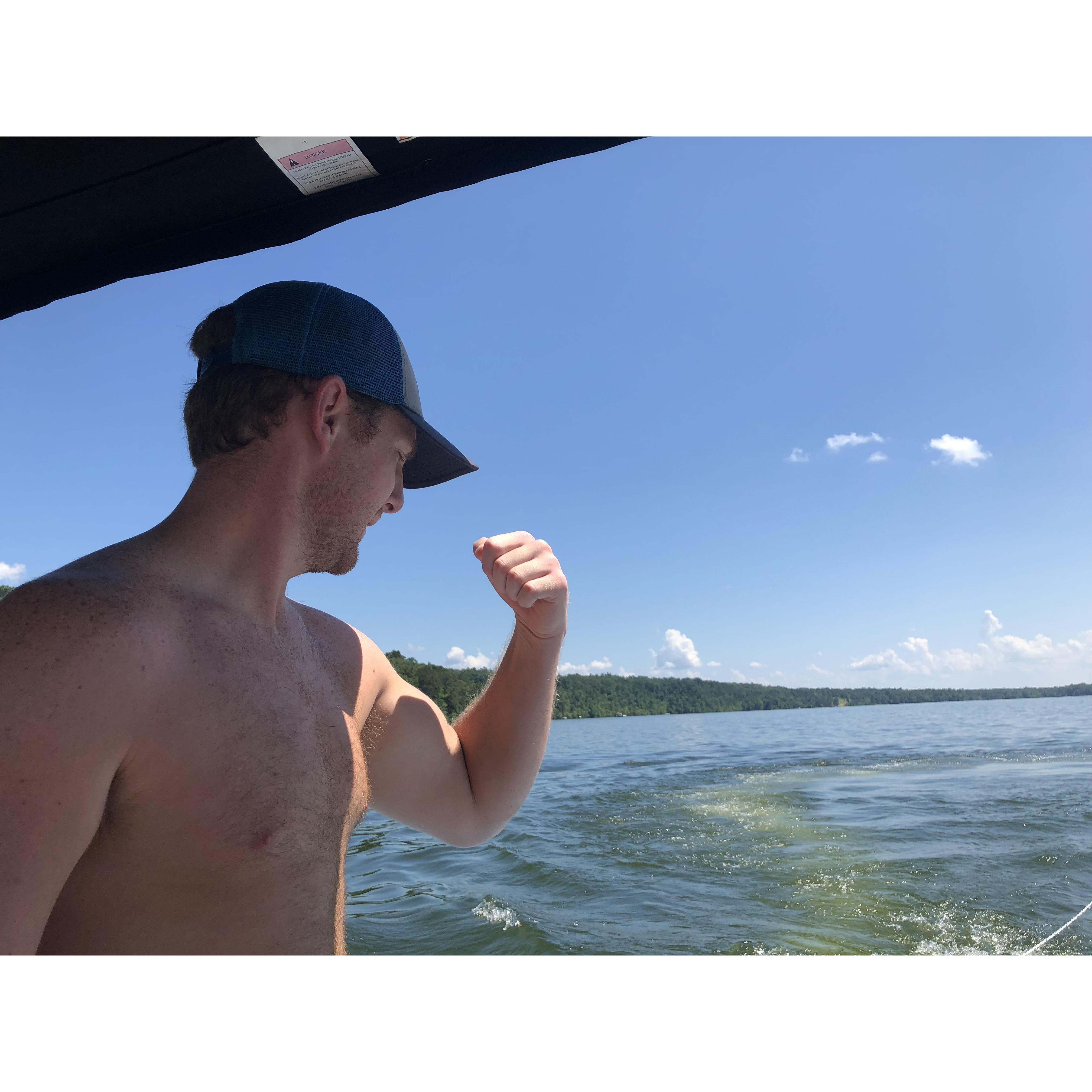 Showing off his muscles