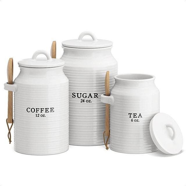 Barnyard Designs Kitchen Canister Set, Airtight Ceramic Containers with Wooden Spoons, Decorative Coffee, Sugar, and Tea Storage for Kitchen Counter, Rustic Farmhouse Decor, 6.75"H/7.75"H/8.75"H, White, Set of 3