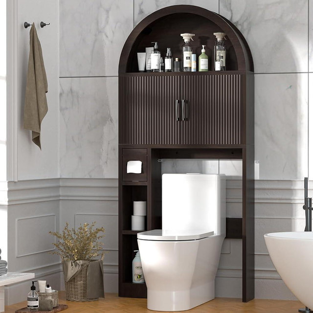 OUTGUAVA Over The Toilet Storage Cabinet, Bathroom Organizer Over Toilet, Arched Storage Organizer Cabinet with Anti-Tip Device and Adjustable Shelf for Washroom Laundry and Restroom, Espresso