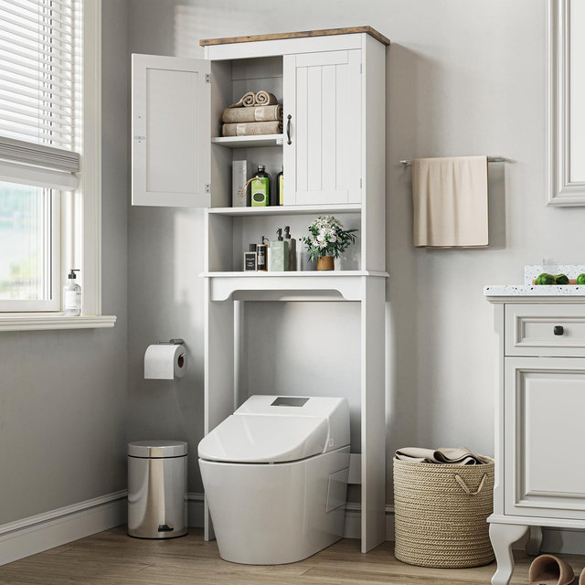 Over The Toilet Storage Cabinet, 66''H Bathroom Space Saver Organizer with Double Doors & Adjustable Shelves Free Standing Toilet Shelf