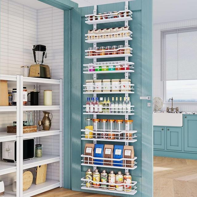 Eastherry Over The Door Pantry Organizer，9-Tier Over The Door Organizer with Adjustable Basket，Metal Hanging Pantry Organizers and Storage for Kitchen, Back of Door Seasoning Rack (White)